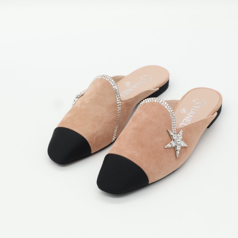 Chanel 香奈兒 Mules 淺粉色 絨面 黑鞋頭 平底鞋-1