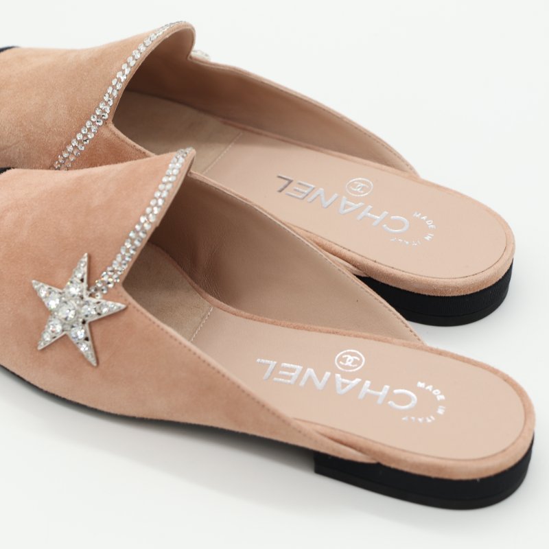 Chanel 香奈兒 Mules 淺粉色 絨面 黑鞋頭 平底鞋-3