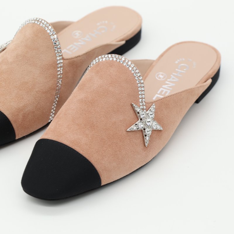 Chanel 香奈兒 Mules 淺粉色 絨面 黑鞋頭 平底鞋-6