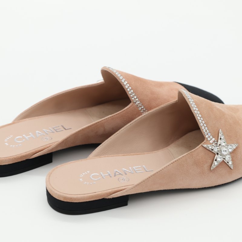 Chanel 香奈兒 Mules 淺粉色 絨面 黑鞋頭 平底鞋-8