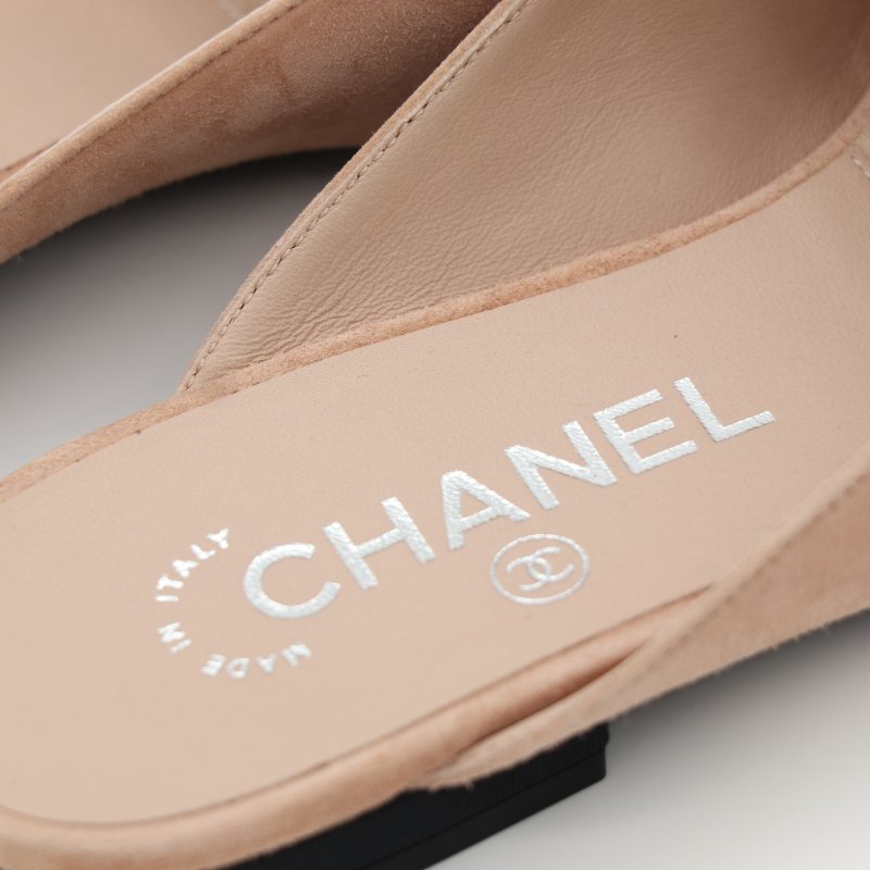 Chanel 香奈兒 Mules 淺粉色 絨面 黑鞋頭 平底鞋-9