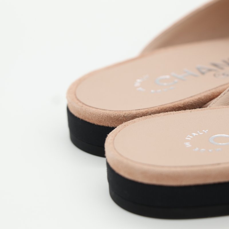 Chanel 香奈兒 Mules 淺粉色 絨面 黑鞋頭 平底鞋-12
