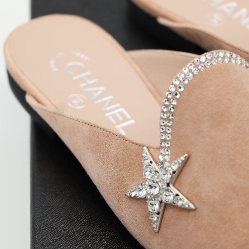 Chanel 香奈兒 Mules 淺粉色 絨面 黑鞋頭 平底鞋-13