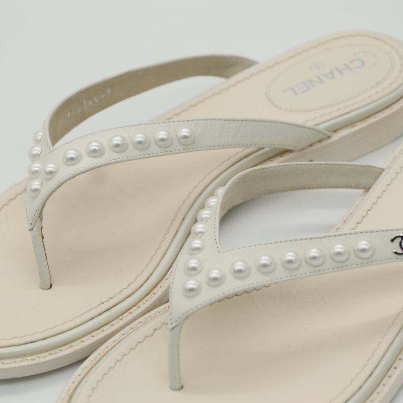 Chanel 香奈兒 夾腳涼鞋 白色 皮革 珍珠裝飾-6