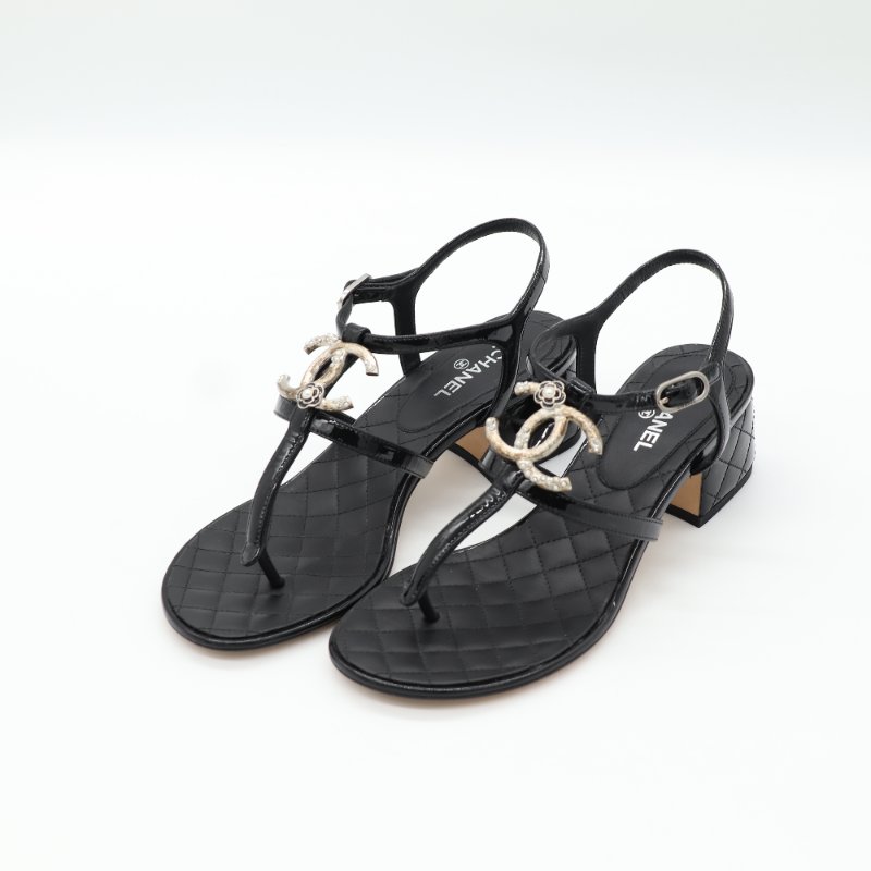 Chanel 香奈兒 經典 CC 黑色 漆皮 夾腳 方跟涼鞋-12