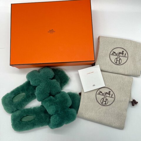 Hermès 愛馬仕 Oran 拖鞋 英國綠 羊羔毛 涼鞋 拖鞋