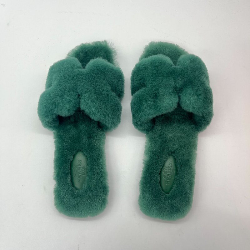 Hermès 愛馬仕 Oran 拖鞋 英國綠 羊羔毛 涼鞋 拖鞋-1