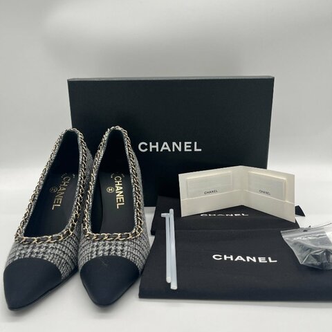 Chanel 香奈兒 粗毛呢 格紋 皮革 雙拼 金屬鍊  黑色 高跟鞋