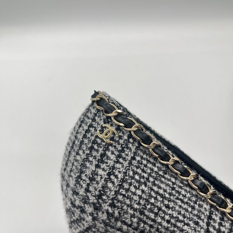 Chanel 香奈兒 粗毛呢 格紋 皮革 雙拼 金屬鍊  黑色 高跟鞋-7