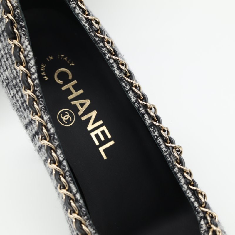 Chanel 香奈兒 粗毛呢 格紋 皮革 雙拼 金屬鍊  黑色 高跟鞋-8