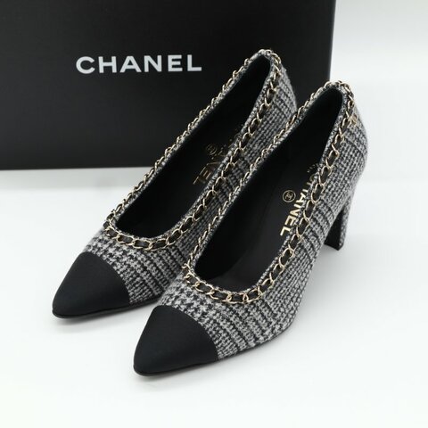 Chanel 香奈兒 粗毛呢 格紋 皮革 雙拼 金屬鍊  黑色 高跟鞋