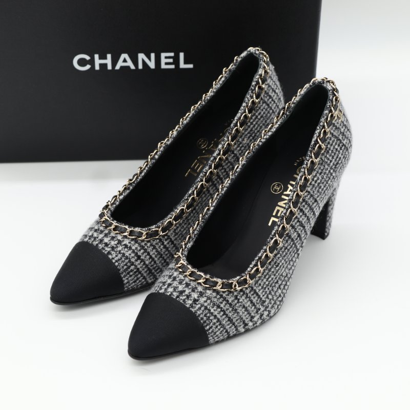 Chanel 香奈兒 粗毛呢 格紋 皮革 雙拼 金屬鍊  黑色 高跟鞋-0