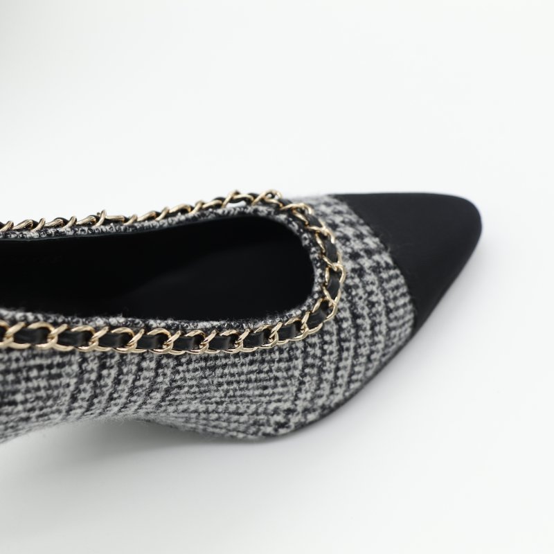 Chanel 香奈兒 粗毛呢 格紋 皮革 雙拼 金屬鍊  黑色 高跟鞋-4