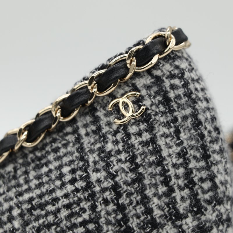 Chanel 香奈兒 粗毛呢 格紋 皮革 雙拼 金屬鍊  黑色 高跟鞋-6