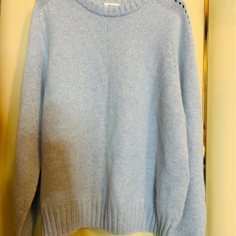 全新 CELINE/瑟琳 無縫山羊絨箱型圓領套頭寬松毛衣 海鹽藍色 上身超溫柔 春季新款-0
