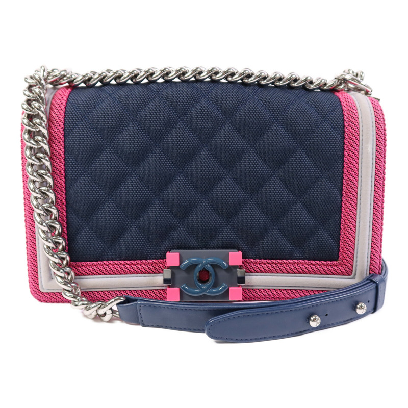 CHANEL 帆布Boy 25銀扣鏈帶肩背袋-0