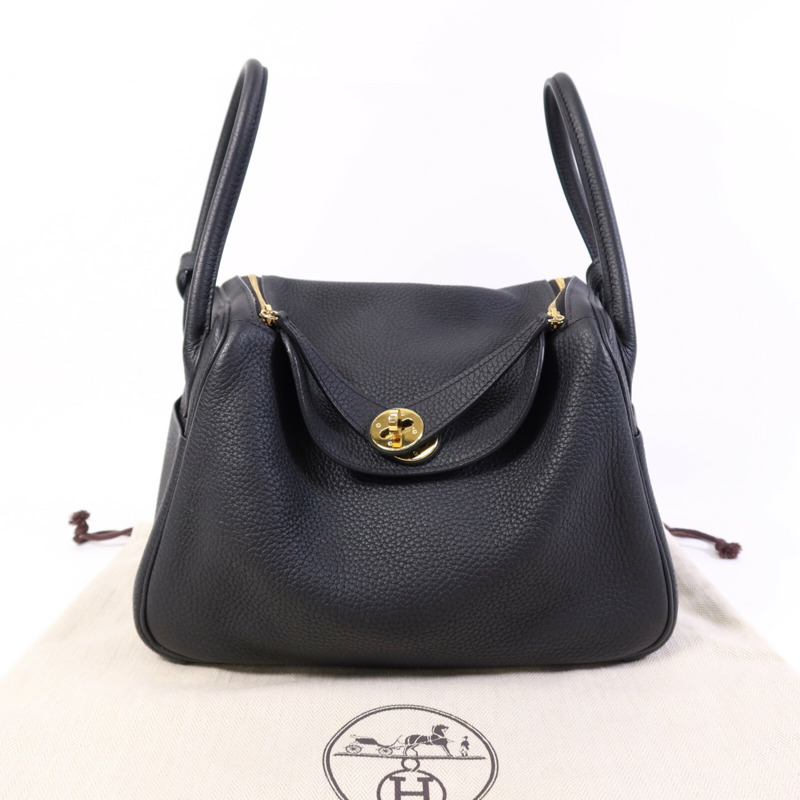 HERMES Clemence皮革Lindy 26金扣手挽肩背兩用袋Noir-14