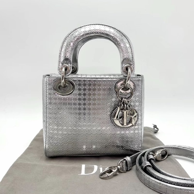 DIOR亮銀色三格黛妃包16.5*14*6 98新配件塵袋-0