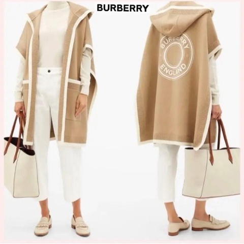 BURBERRY英國典藏米色徽標圖案連帽披肩ONE SIZE