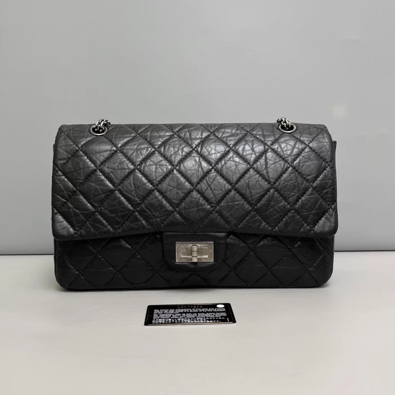 Chanel香奈兒2.55大號黑銀菱格油蠟牛皮雙蓋包-0