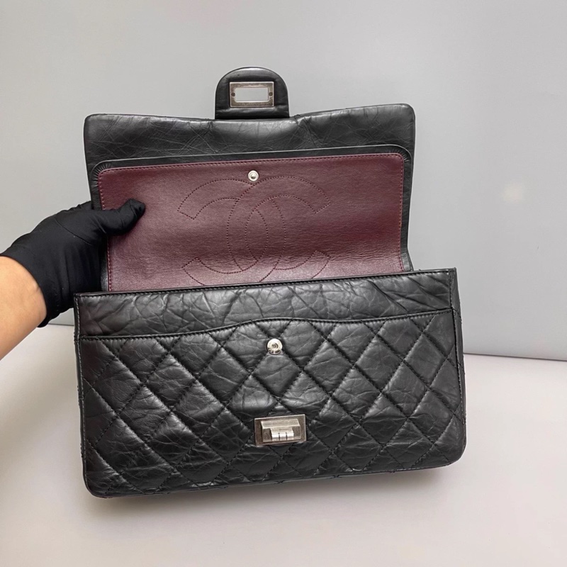Chanel香奈兒2.55大號黑銀菱格油蠟牛皮雙蓋包-5