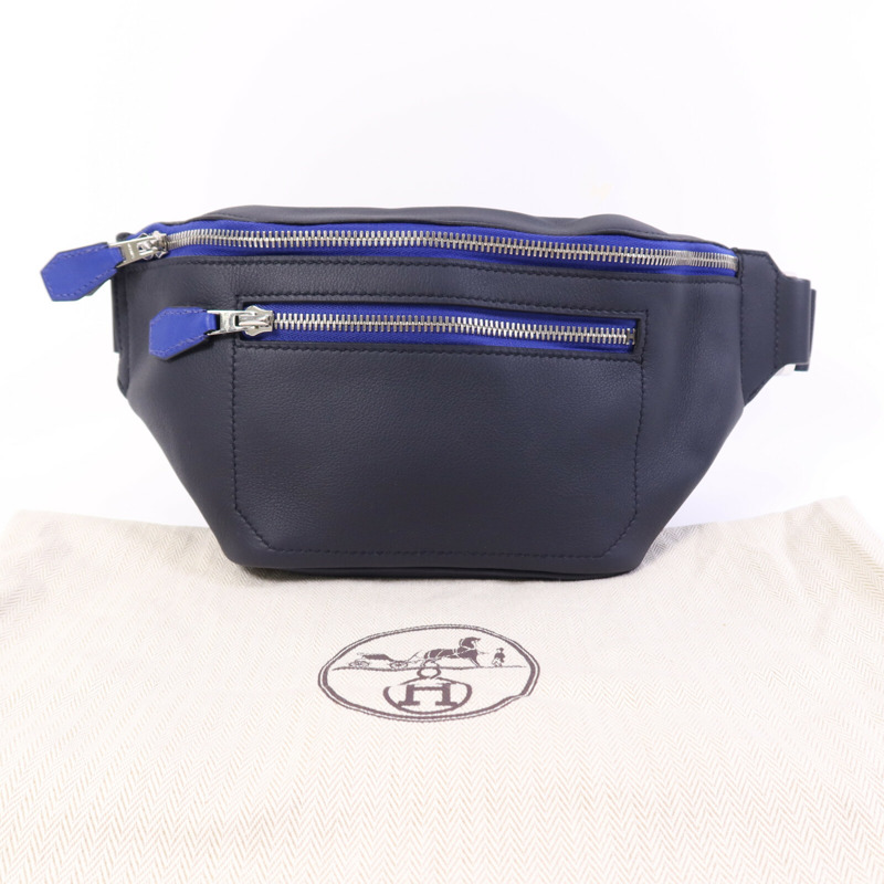 HERMES Swift皮革Cityslide Belt PM銀扣腰包Bleu Indigo/Bleu Electrique-14
