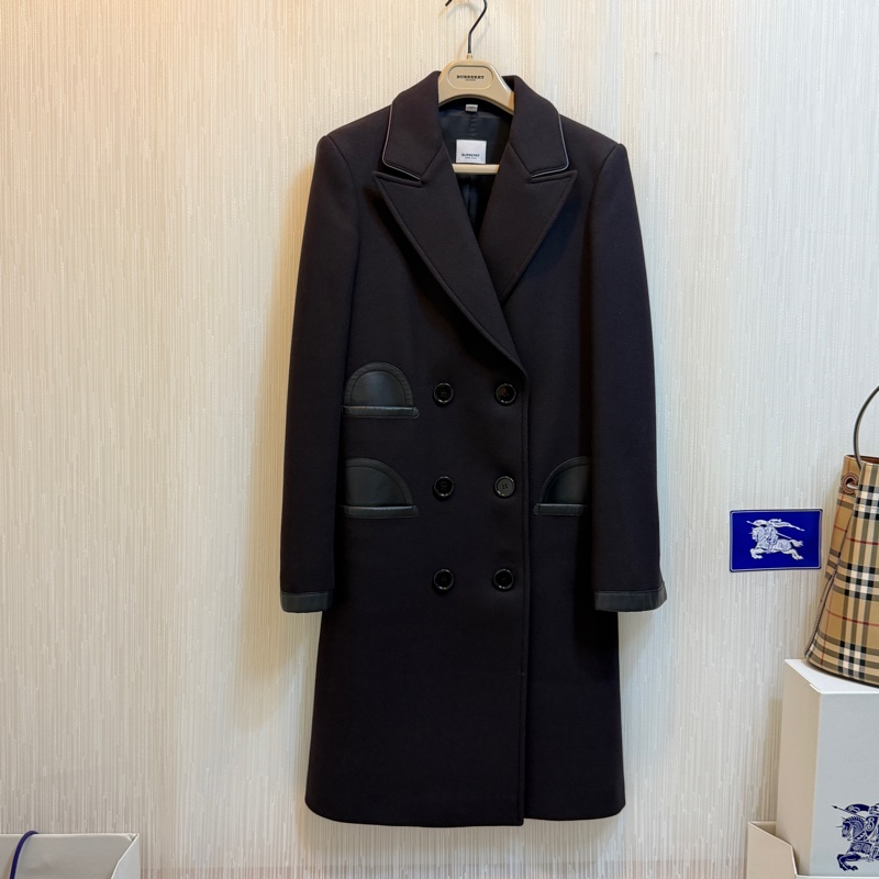 BURBERRY英國墨黑色皮飾羊毛量裁大衣UK4-2