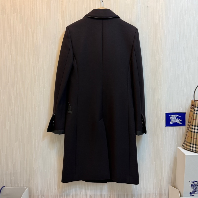 BURBERRY英國墨黑色皮飾羊毛量裁大衣UK4-3