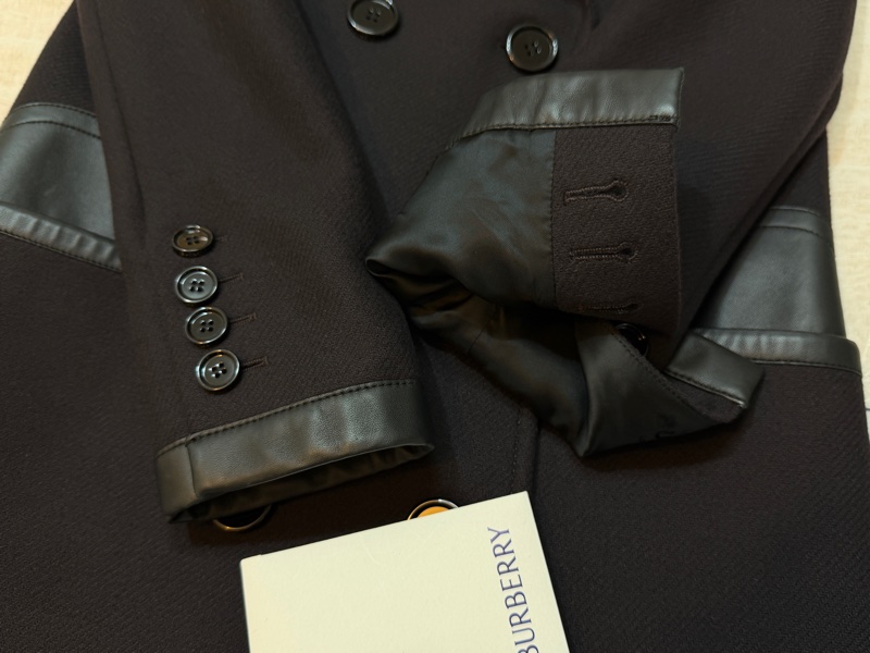 BURBERRY英國墨黑色皮飾羊毛量裁大衣UK4-4
