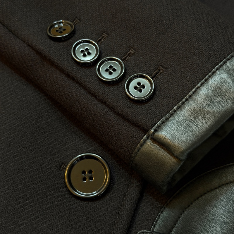 BURBERRY英國墨黑色皮飾羊毛量裁大衣UK4-5