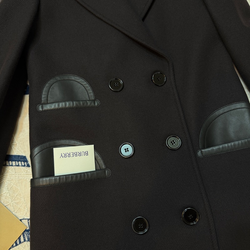BURBERRY英國墨黑色皮飾羊毛量裁大衣UK4-8