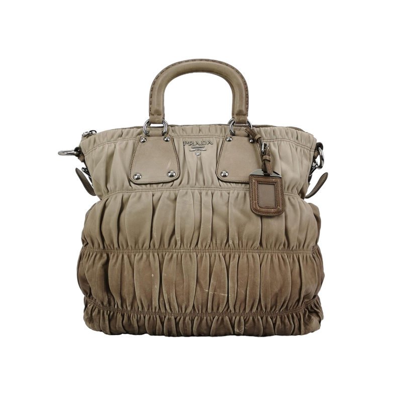 Prada Gaufre羊皮拼色漸變字母logo褶皺手提包-0