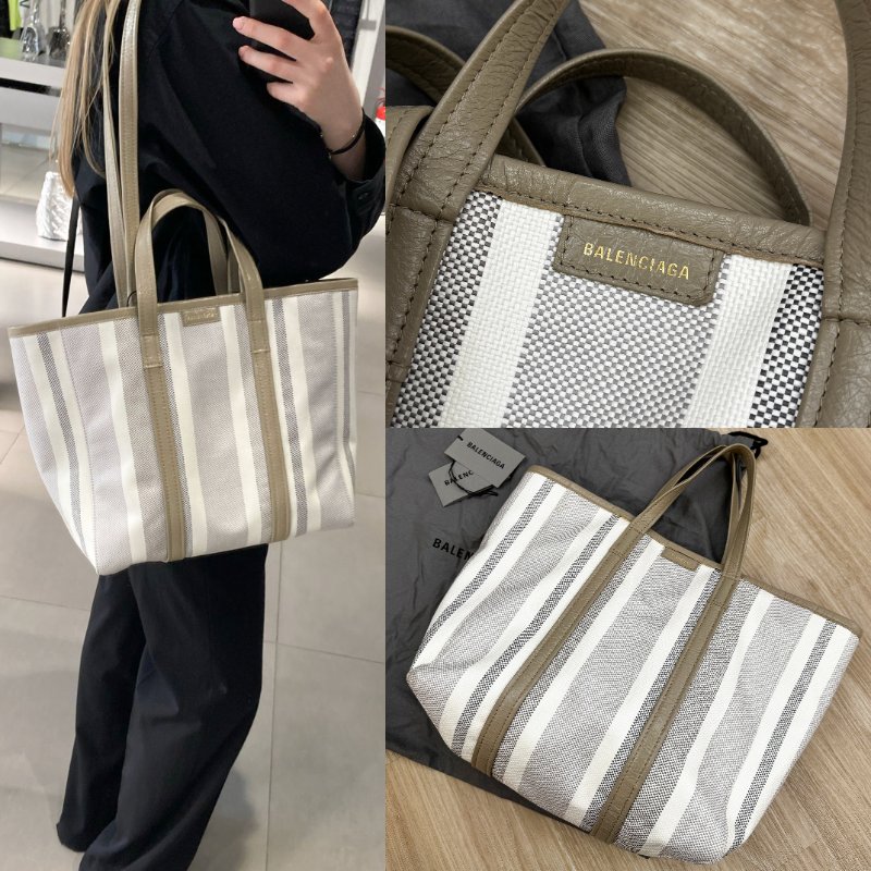 巴黎世家經典米白灰牛皮條紋托特包 兩用背袋 BALENCIAGA Barbes Medium East-West-0