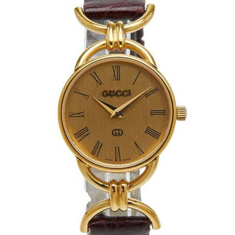 Gucci 6000L 石英腕錶，金色錶盤，鍍金皮錶帶，女士款
