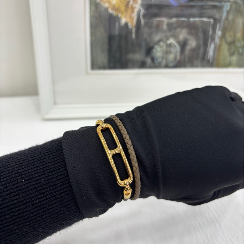 HERMES 愛馬仕 金色豬鼻扣編織雙圈 手鍊 金棕色金扣 可做頸鍊可做手鍊-2