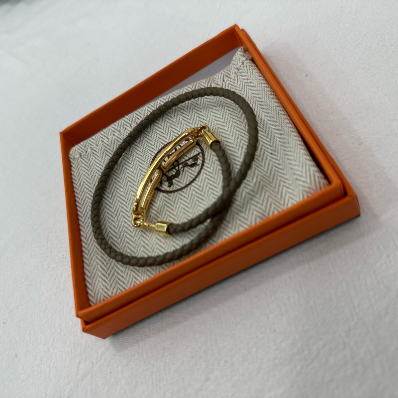 HERMES 愛馬仕 金色豬鼻扣編織雙圈 手鍊 金棕色金扣 可做頸鍊可做手鍊-3