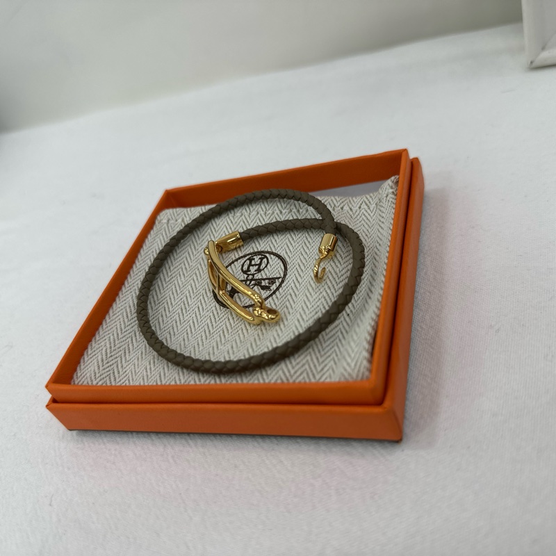 HERMES 愛馬仕 金色豬鼻扣編織雙圈 手鍊 金棕色金扣 可做頸鍊可做手鍊-4