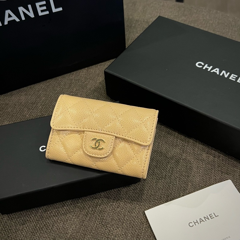 📢全新 Chanel香奈兒 經典COCO奶茶荔枝金釦零錢卡包芯片款 正品-0