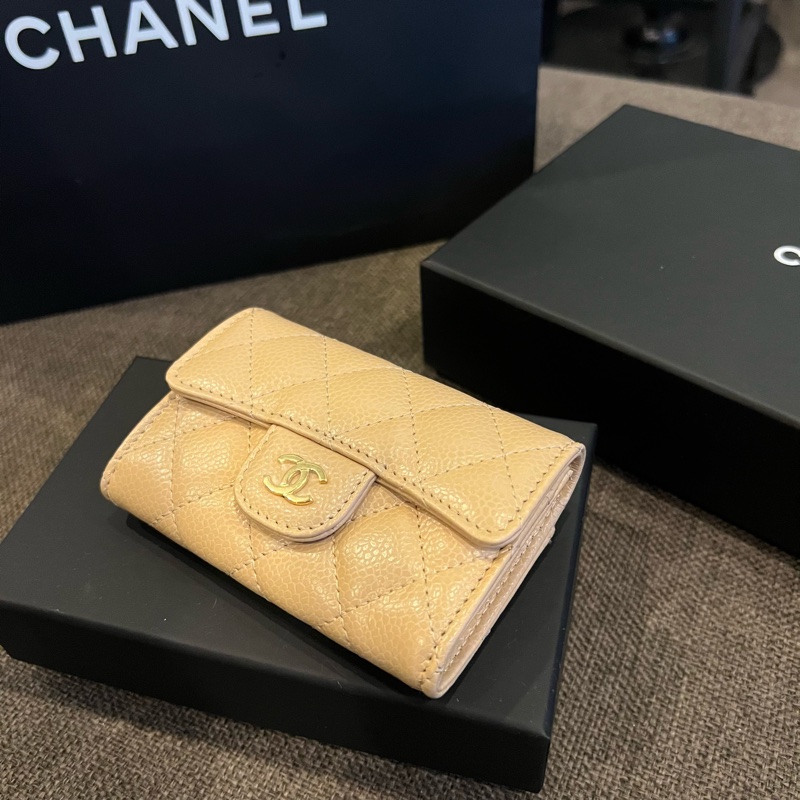 📢全新 Chanel香奈兒 經典COCO奶茶荔枝金釦零錢卡包芯片款 正品-1