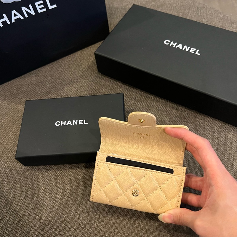 📢全新 Chanel香奈兒 經典COCO奶茶荔枝金釦零錢卡包芯片款 正品-3