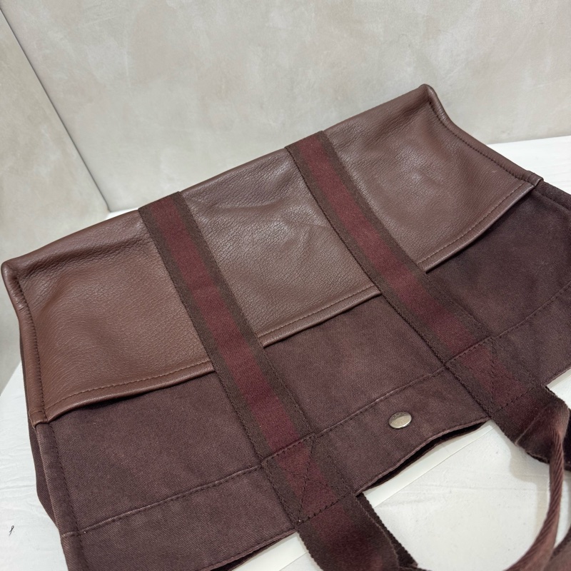 Hermès 帆布拼皮革手提包-15