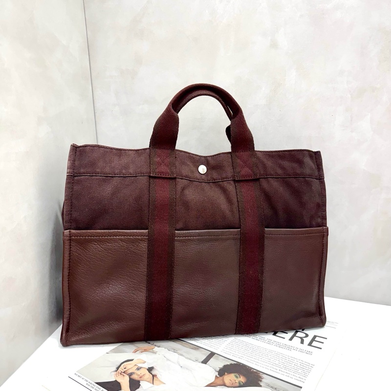 Hermès 帆布拼皮革手提包-16