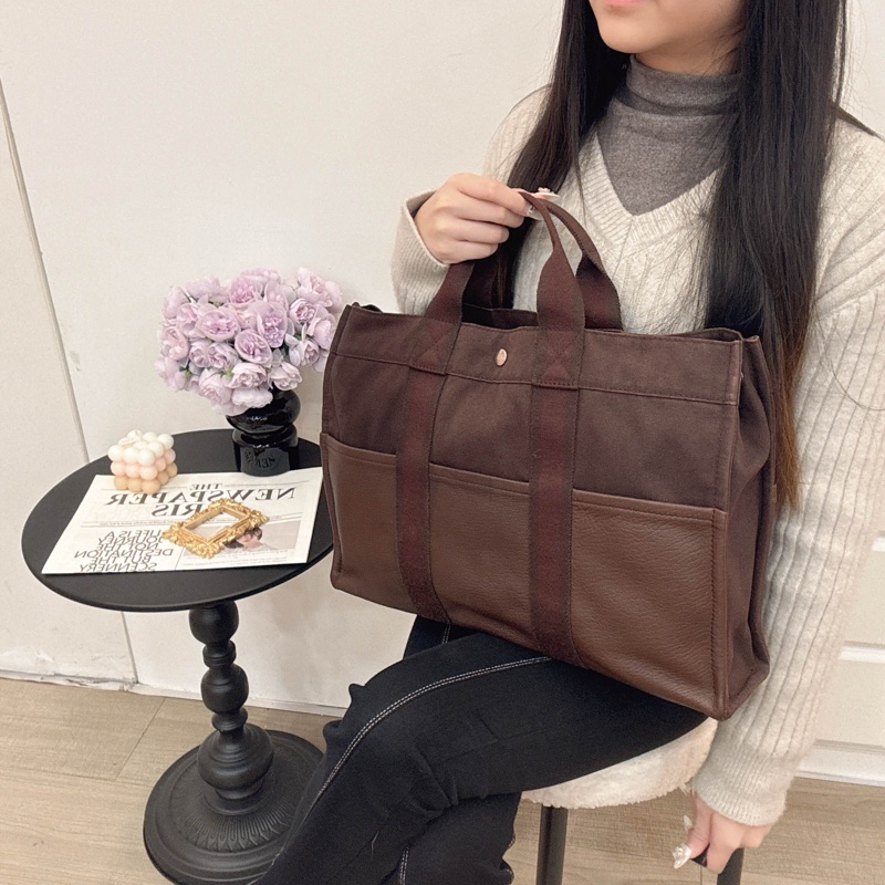 Hermès 帆布拼皮革手提包-17