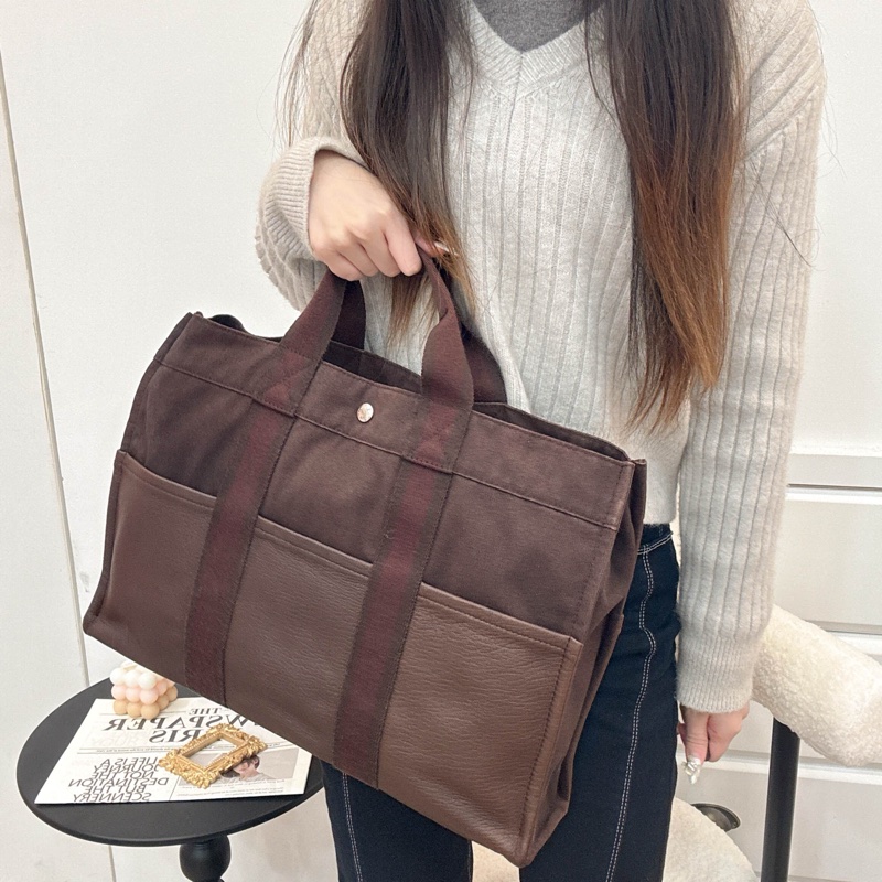Hermès 帆布拼皮革手提包-18