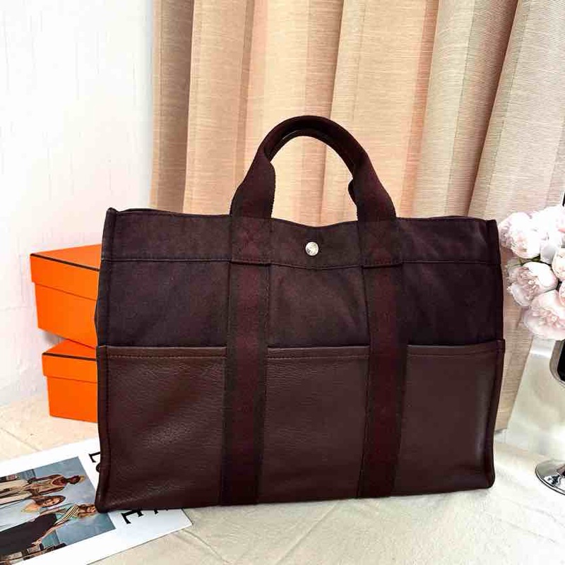 Hermès 帆布拼皮革手提包-19