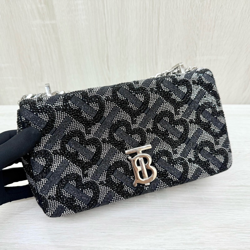 BURBERRY黑銀水鑽銀釦Lola鏈條肩側背包-7