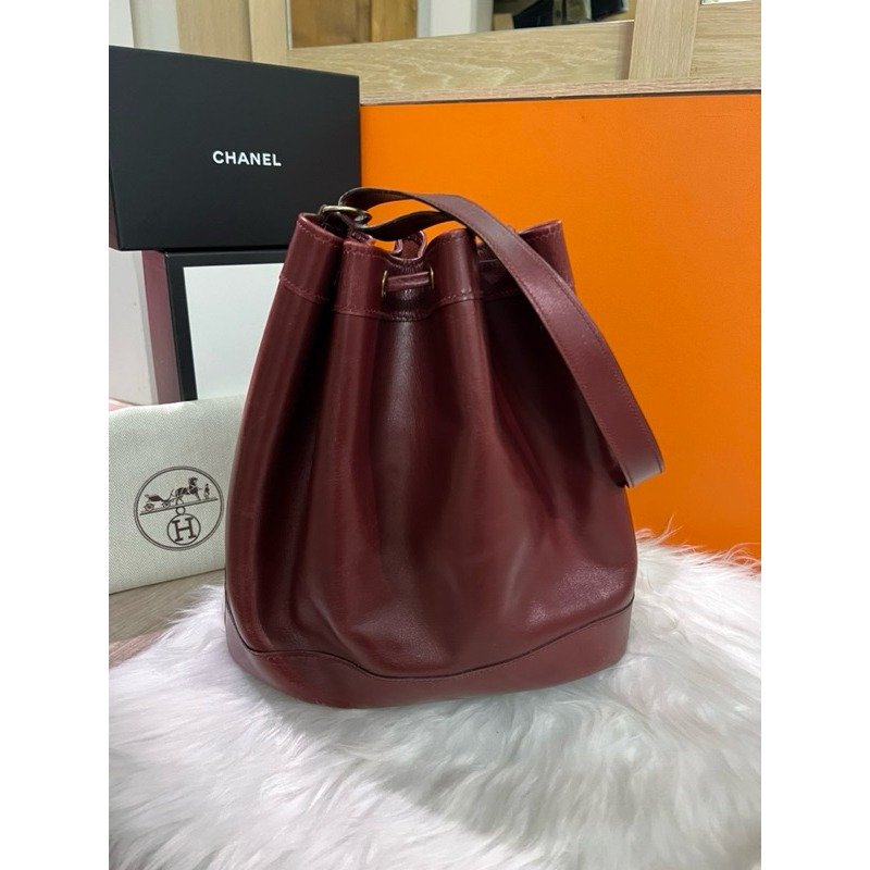 🇫🇷Hermes Market vintage bag酒紅色 牛皮復古水桶包 9成新美品-4