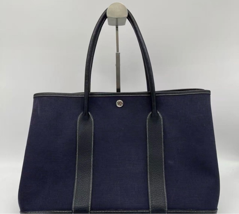 「JL精品代購」愛馬仕深藍色帆布拼皮花園36手提托特包-0