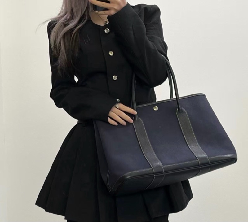 「JL精品代購」愛馬仕深藍色帆布拼皮花園36手提托特包-1