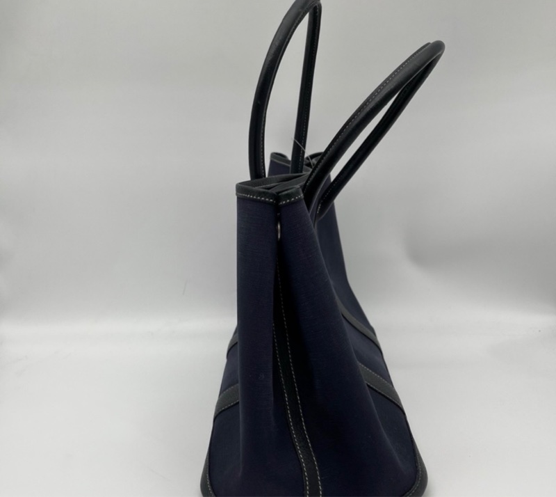 「JL精品代購」愛馬仕深藍色帆布拼皮花園36手提托特包-4